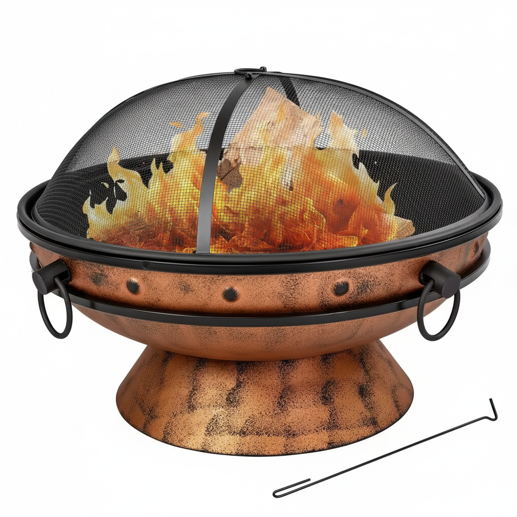 30 In. Copper Royal Cauldron Fire Pit with Handles and Spark Screen